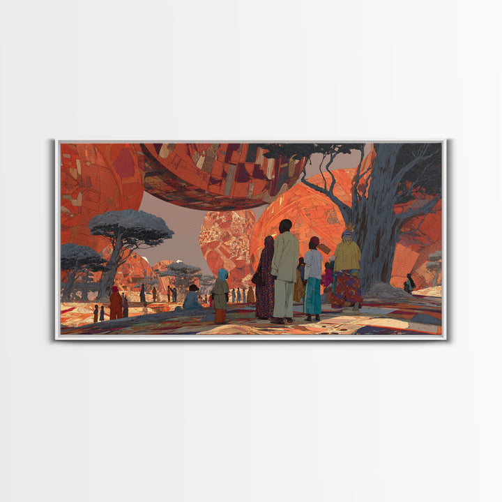 Futuristic Orange Baobab Village Wall Art, African Landscape Canvas Print, Afrocentric Safari Decor, Dreamy Cultural Artwork