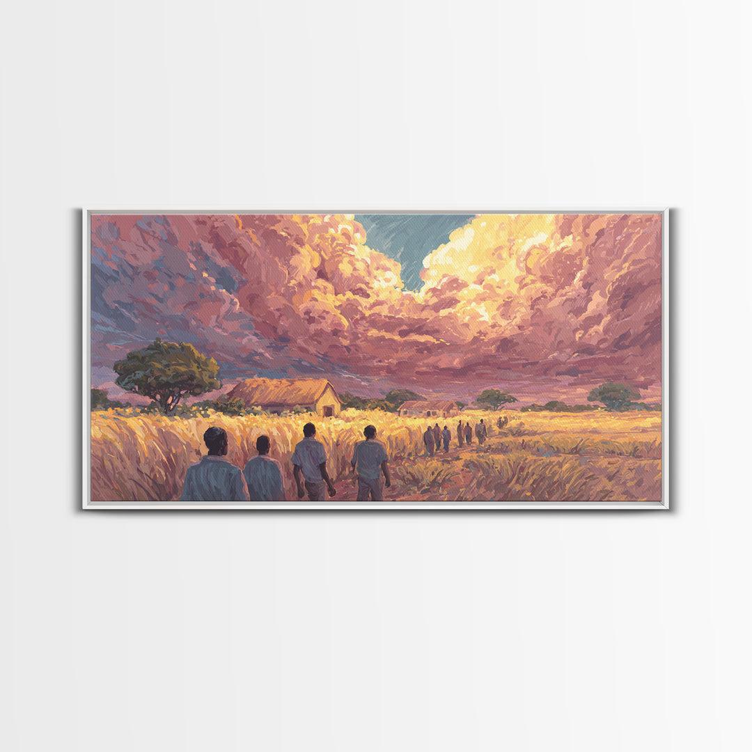 African Village Sunset Walk Wall Art, Rural Landscape Painting, Motherland Decor, African Safari Art, Boho Home Decor Gift