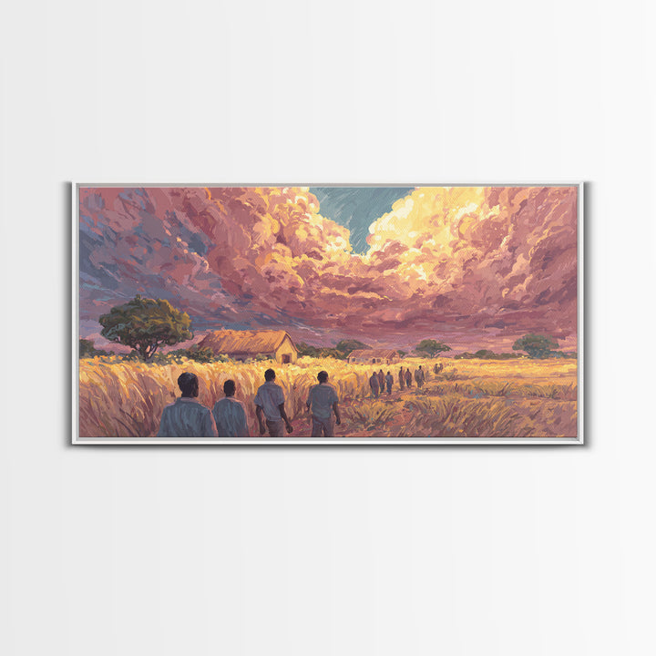 African Village Sunset Walk Wall Art, Rural Landscape Painting, Motherland Decor, African Safari Art, Boho Home Decor Gift