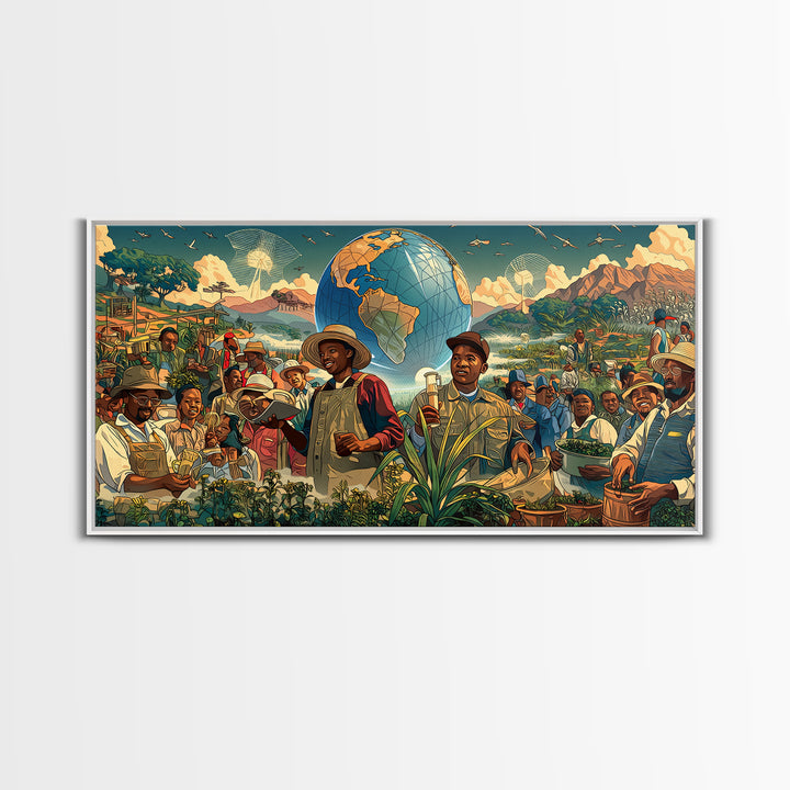 Joyful African Farmers And Floating Globe Wall Art, Afrofuturism Decor, Cultural Art Print, Colorful Africa Poster Print
