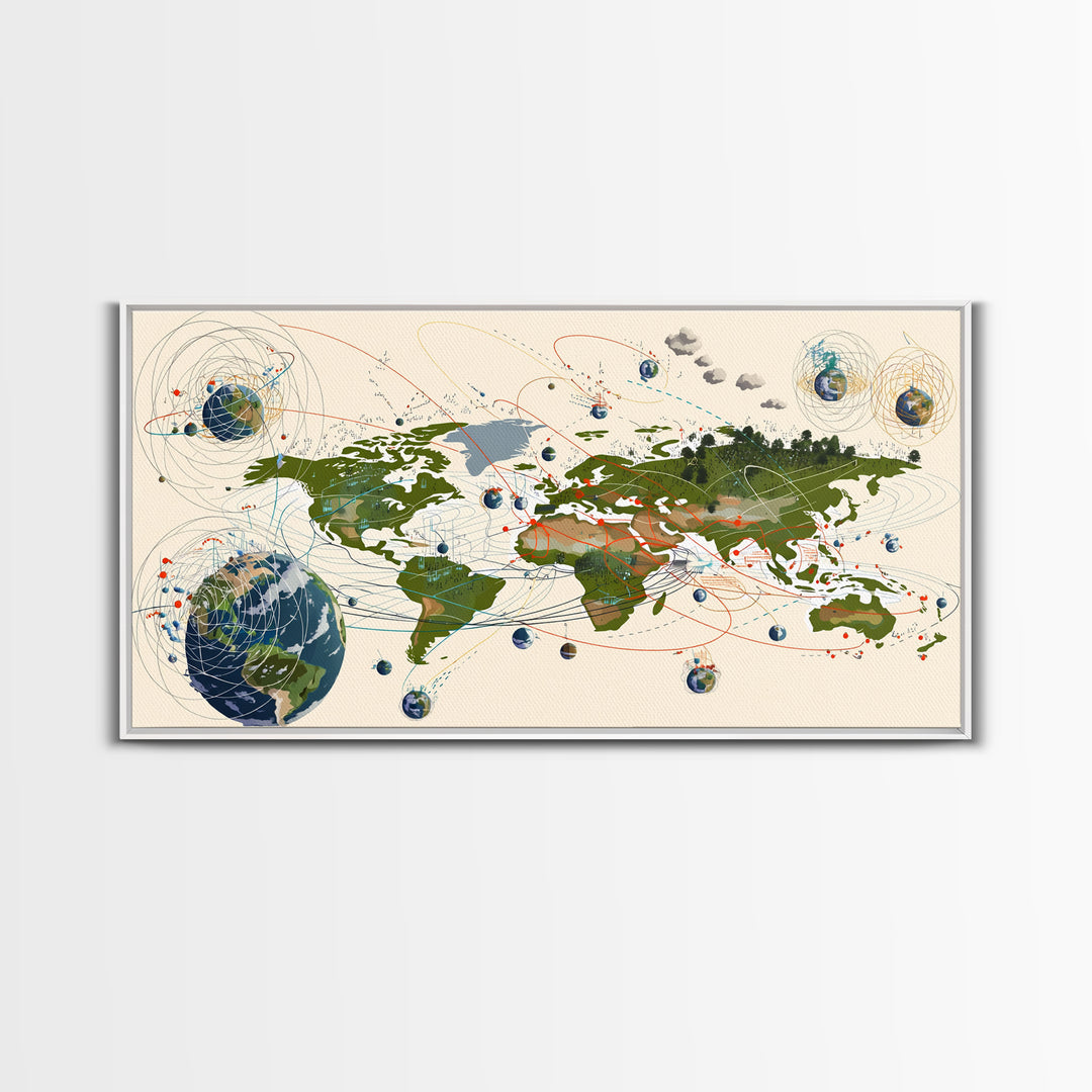 Global Network Map With Africa Orbitals Wall Art, Digital World Map Art, Modern Office Decor, Futuristic Abstract Art Print
