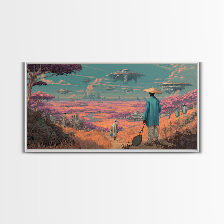 Afrofuturist Traveler In Pink Alien Savannah Canvas Print, African Sci Fi Wall Art, Dreamy Landscape, Unique Home Decor