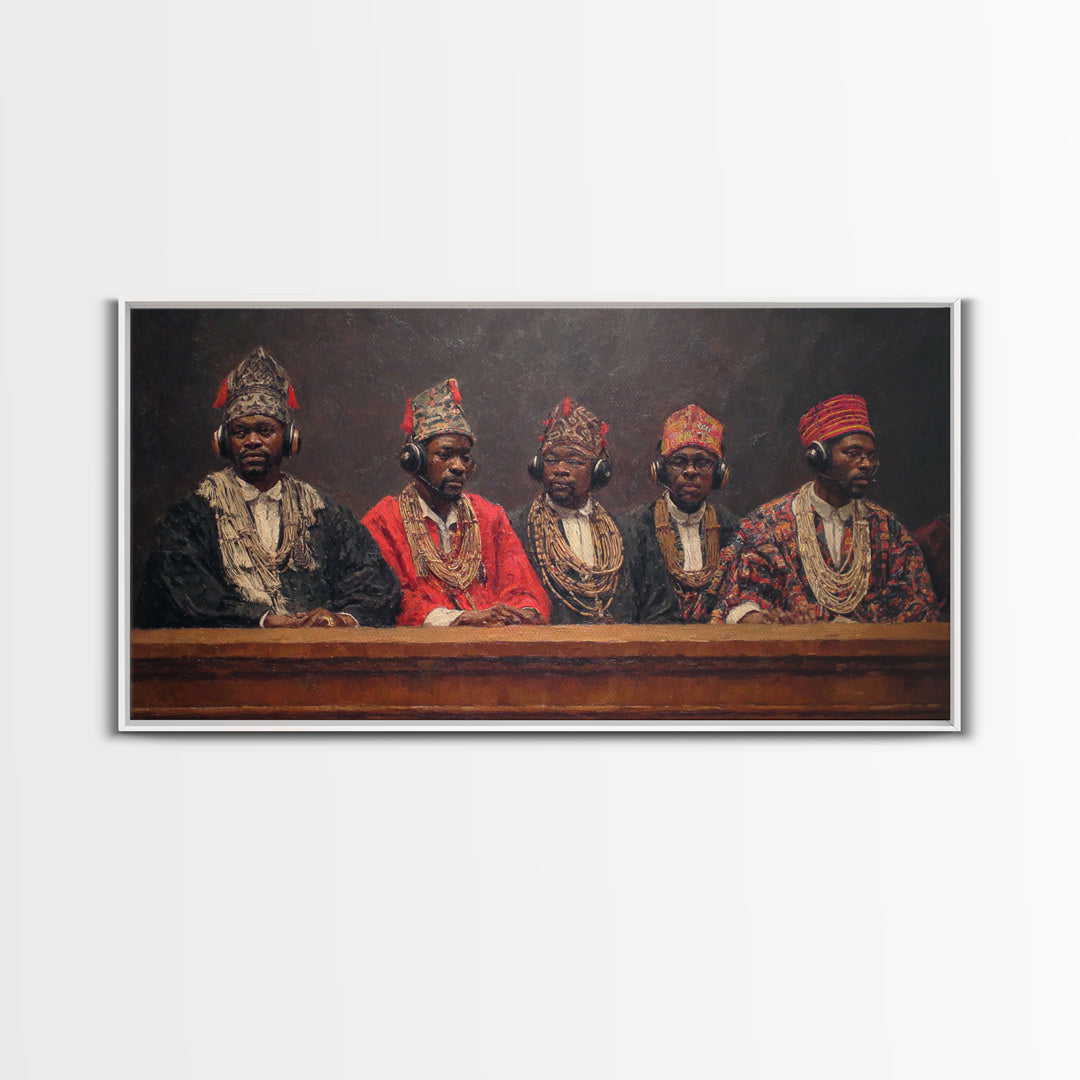 Traditional African Tribunal With Ornate Hats Wall Art, Tribal Queen Art, Cultural Portrait, Black History Gift, Bold Decor