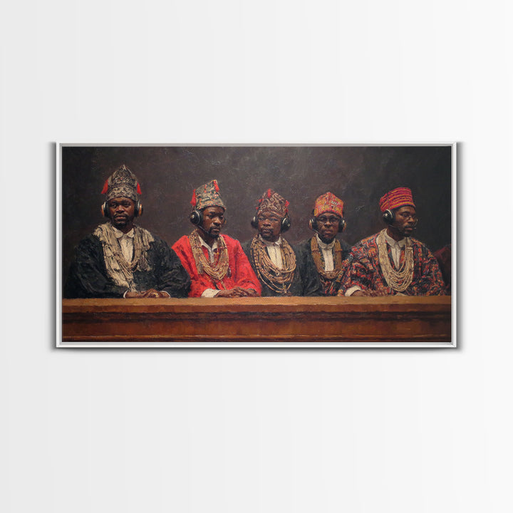 Traditional African Tribunal With Ornate Hats Wall Art, Tribal Queen Art, Cultural Portrait, Black History Gift, Bold Decor