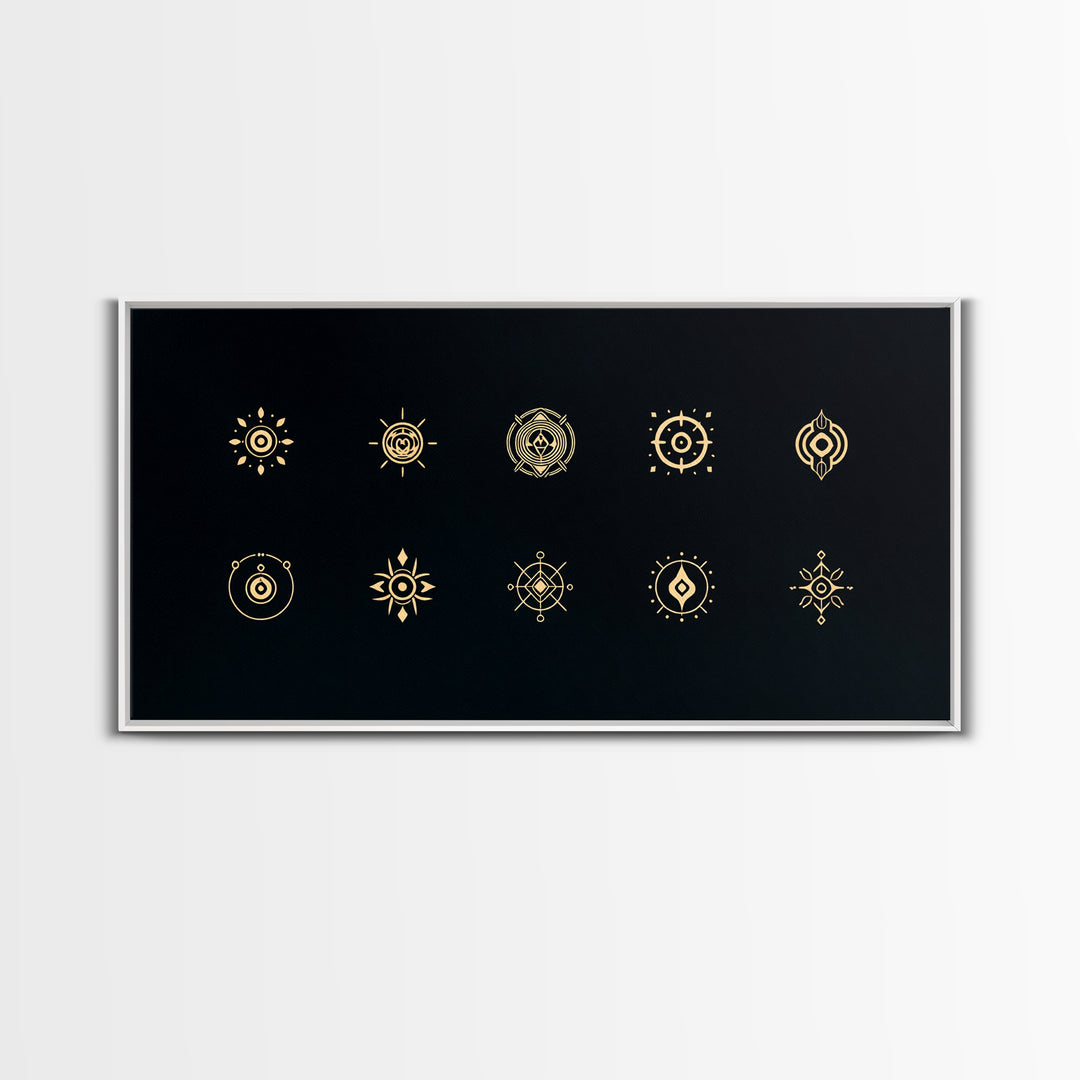 Gold African Tribal Sun Symbols On Black Canvas Print, Minimalist Afrocentric Wall Art, Spiritual Decor, Ethnic Pattern Art