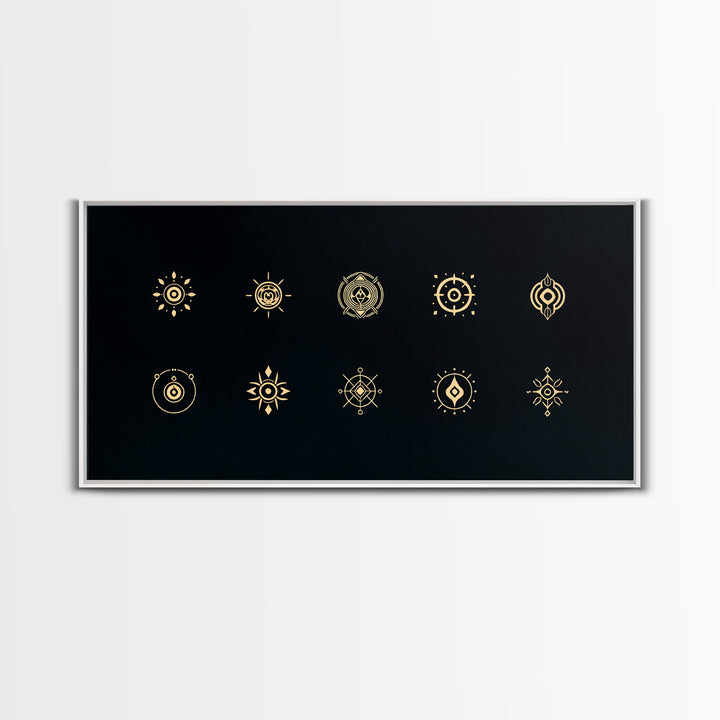 Gold African Tribal Sun Symbols On Black Canvas Print, Minimalist Afrocentric Wall Art, Spiritual Decor, Ethnic Pattern Art
