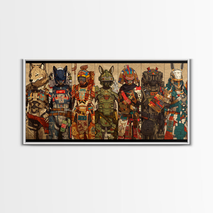 Cyber Animal Warriors Wall Art, Afrofuturism Canvas Print, African Tribal Art, Bold Gaming Room Decor For Collectors Gift