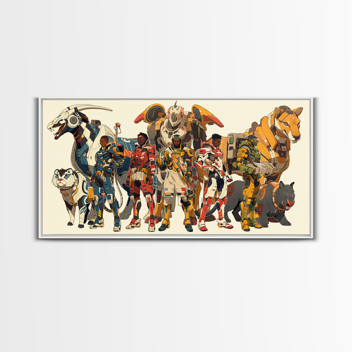 Futuristic African Riders Wall Art, Afrofuturism Canvas Print, Animal Warrior Art Decor For Kids Gaming Room Gallery Decor