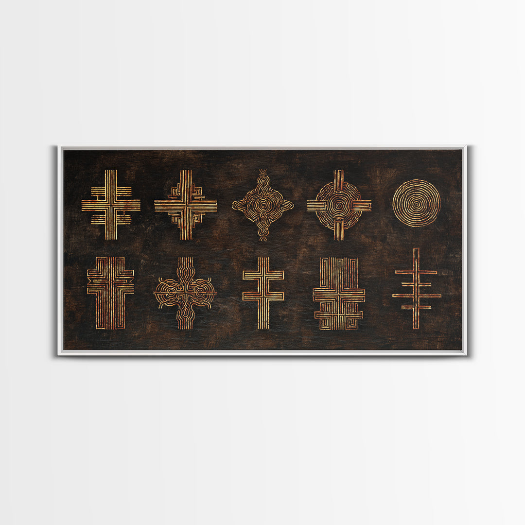 Gold Tribal Cross Symbols On Dark Texture Wall Art, African Patterns, Abstract African Art, Cultural Wall Decor, Modern Canvas