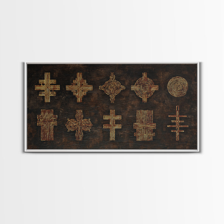 Gold Tribal Cross Symbols On Dark Texture Wall Art, African Patterns, Abstract African Art, Cultural Wall Decor, Modern Canvas