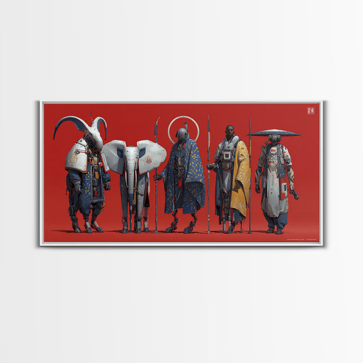 Afrofuturist Warriors With White Elephant Framed Canvas Print, African Warrior Art, Afrocentric Wall Art, Bold Home Decor