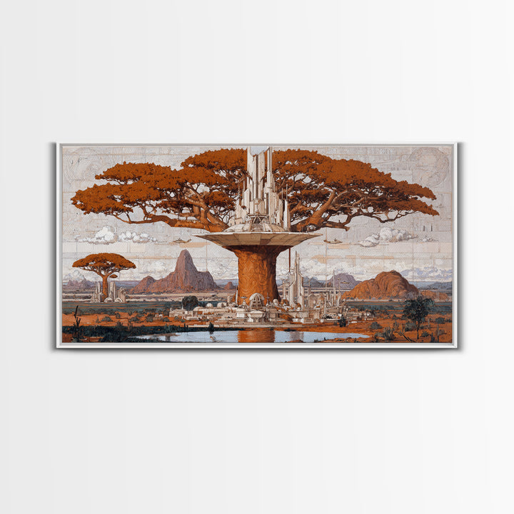 Sepia Baobab Tree Megacity In African Landscape Wall Art, African Tree, African Safari Art, Earth Tone Wall Art, Home Decor