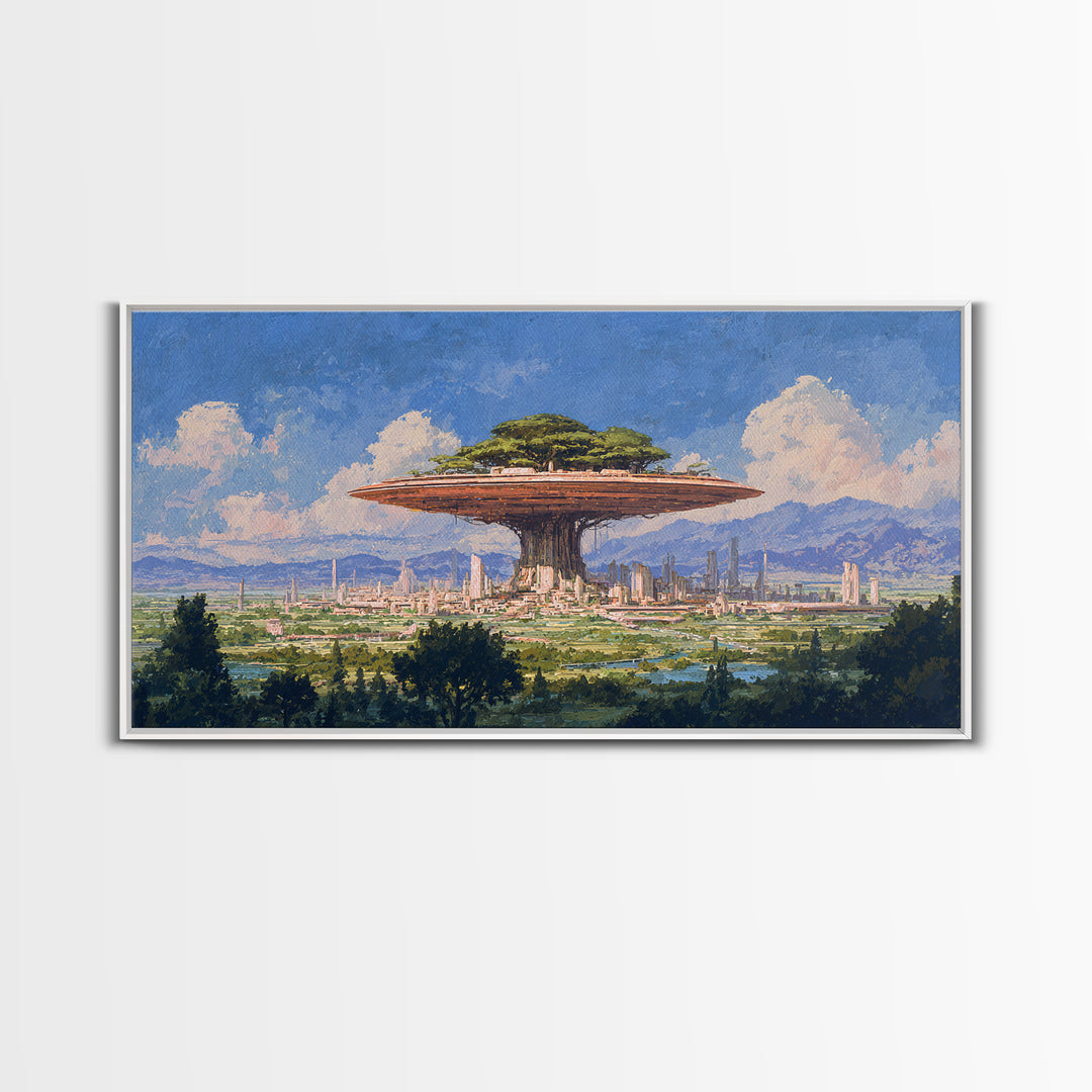 Floating Acacia Tree City Under Blue Sky Canvas Print, African Landscape, Modern Canvas Art, Serengeti Wall Art, Unique Home Decor