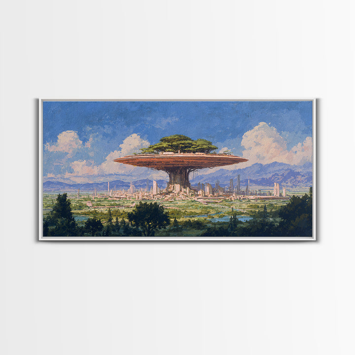 Floating Acacia Tree City Under Blue Sky Canvas Print, African Landscape, Modern Canvas Art, Serengeti Wall Art, Unique Home Decor