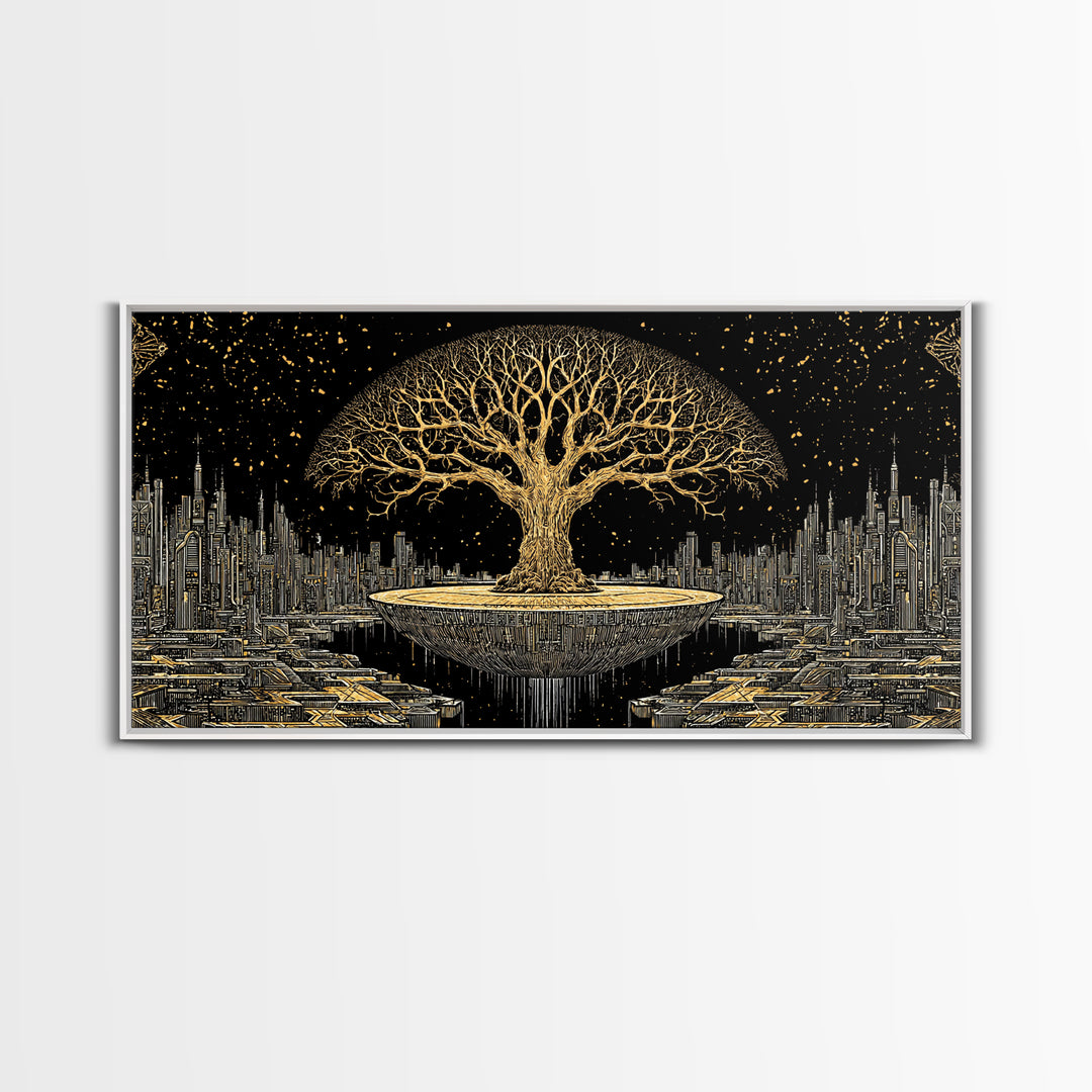 Golden Tree Of Life Over Futuristic City Wall Art, Black And Gold Art, Spiritual Wall Art, African Inspired, Statement Decor