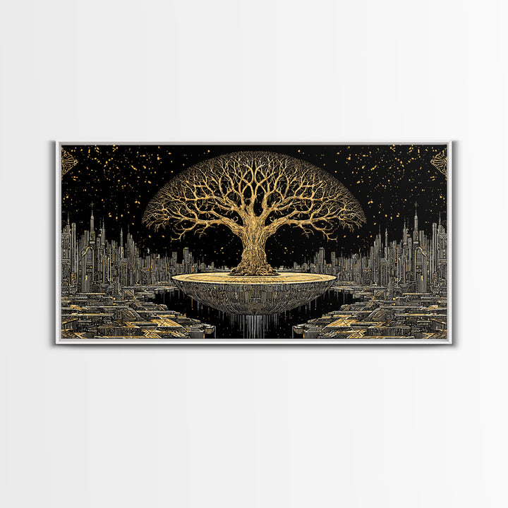 Golden Tree Of Life Over Futuristic City Wall Art, Black And Gold Art, Spiritual Wall Art, African Inspired, Statement Decor