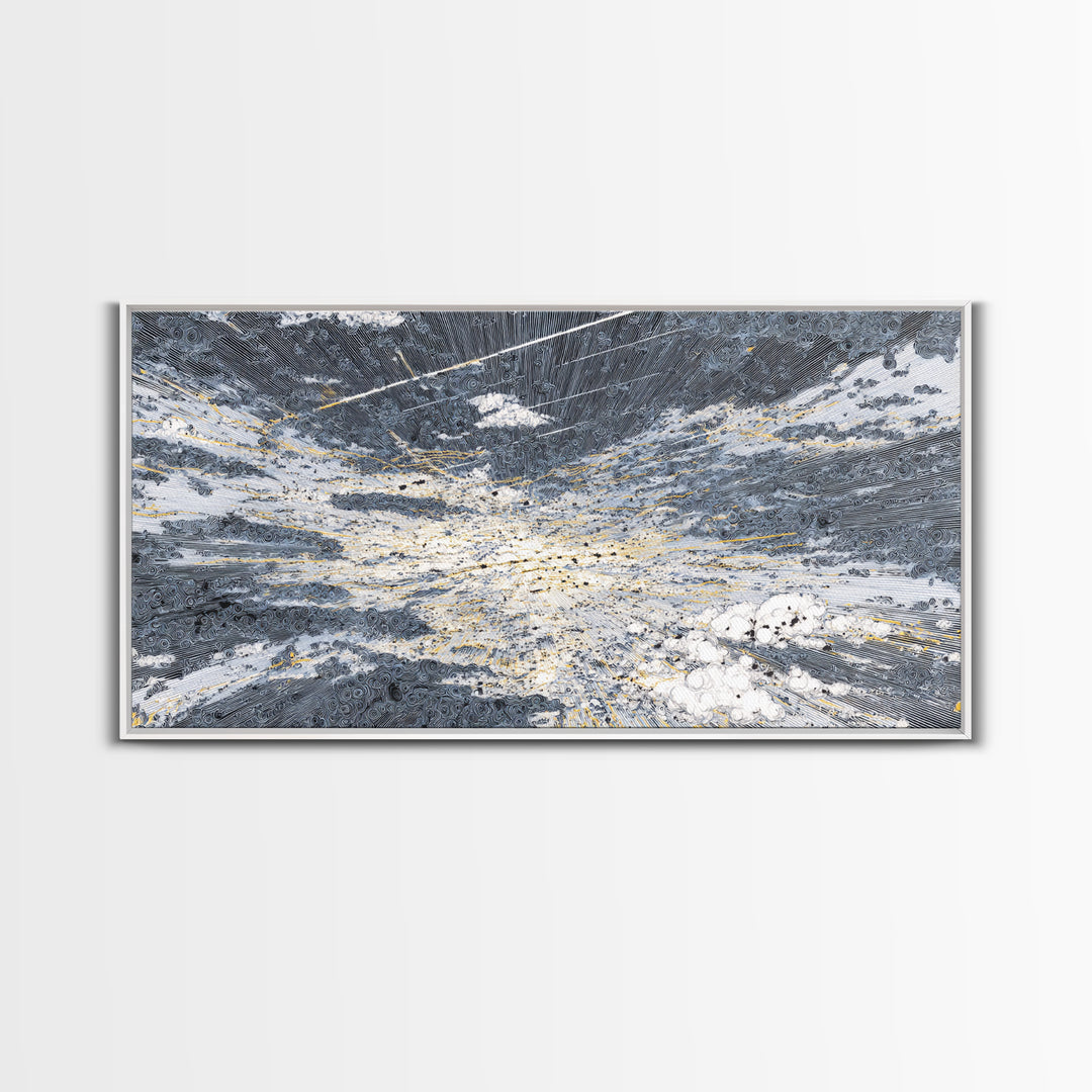 Abstract Ocean Clouds With Gold Network Wall Art, Textured Art Print, Blue Gray Modern Art, Dreamy Wall Art, Office Decor