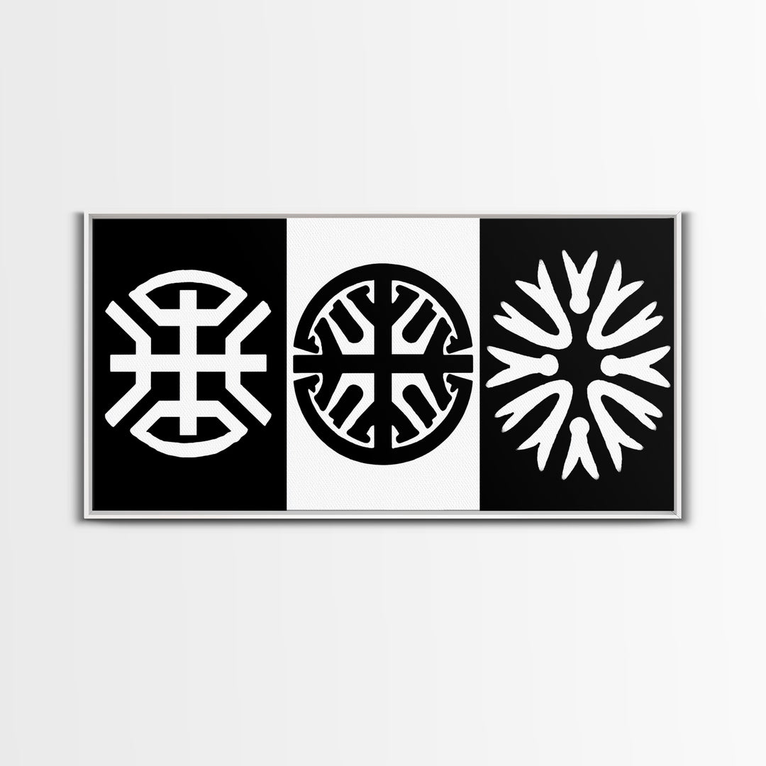Black White Tribal Symbols Framed Canvas Print, Geometric Abstract Wall Art, African Inspired Decor, Minimalist Office Art