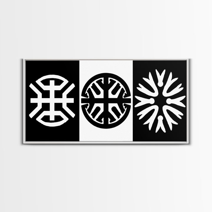 Black White Tribal Symbols Framed Canvas Print, Geometric Abstract Wall Art, African Inspired Decor, Minimalist Office Art