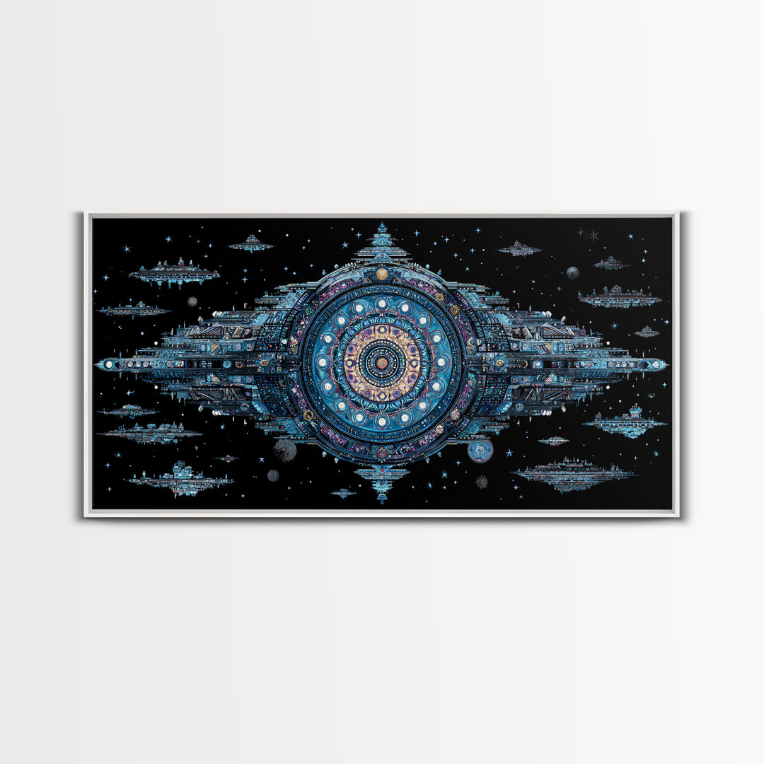 Ornate Cosmic Space Station Canvas Print, Blue Sci Fi Mandala Wall Art, Futuristic Digital Art, Modern Office Decor Gift