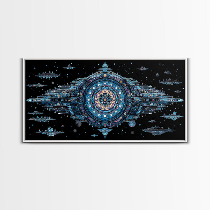 Ornate Cosmic Space Station Canvas Print, Blue Sci Fi Mandala Wall Art, Futuristic Digital Art, Modern Office Decor Gift