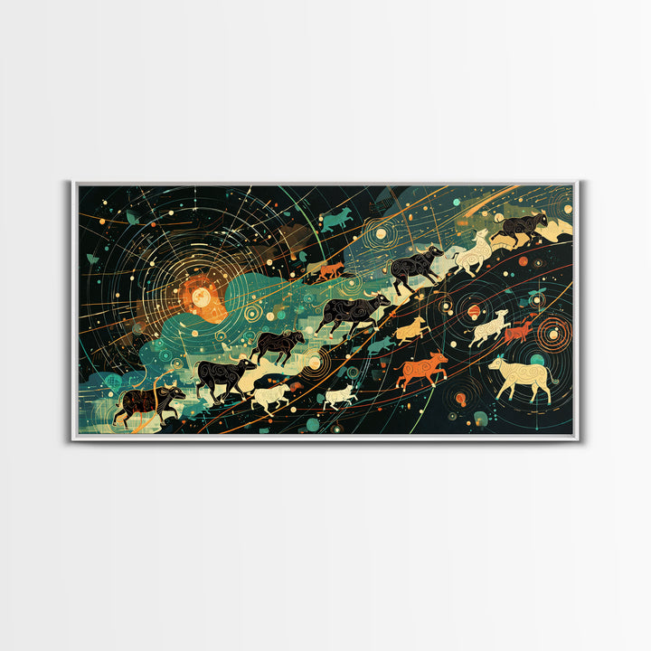 Cosmic Cattle Migration Canvas Print, Abstract Animal Wall Art, Modern Farm Decor, Earth Tone Office Art, Unique Home Gift