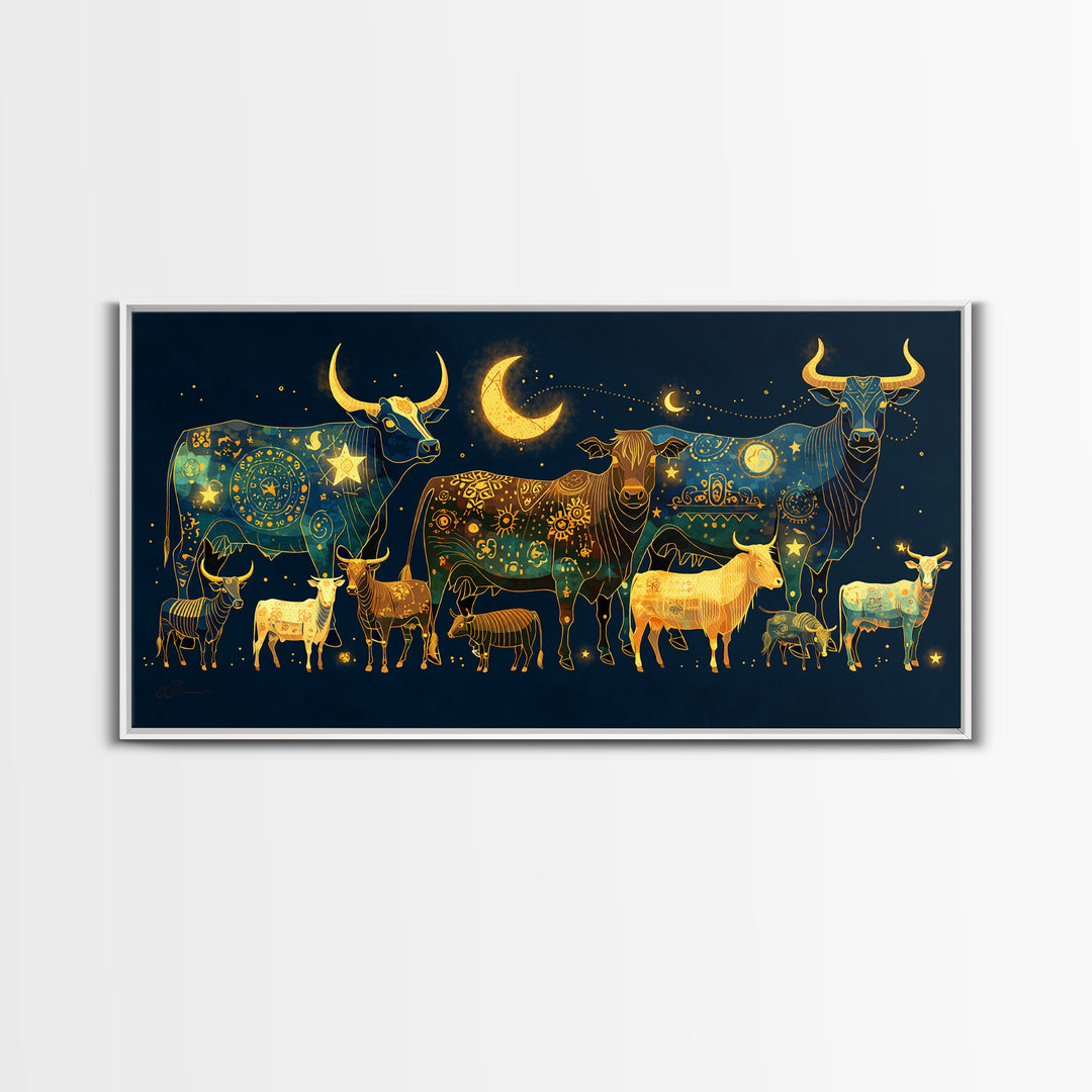 Celestial Folk Cattle And Goats Wall Art, Gold Blue Animal Canvas Decor, Moon Stars Farm Painting, Boho Home Decor Gift For Her