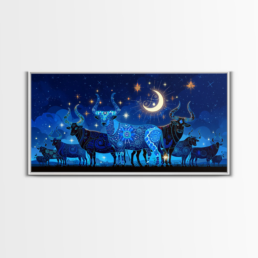 Starry Blue Cattle Under Crescent Moon Wall Art, Celestial Animal Canvas Decor, Night Sky Painting, Boho Home Decor Gift