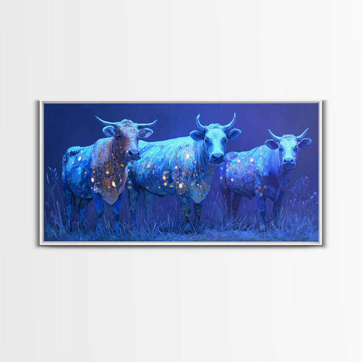Glowing Blue African Cattle Under Moonlight Canvas Print, Safari Animal Wall Decor, Modern African Art, Blue Living Room Art
