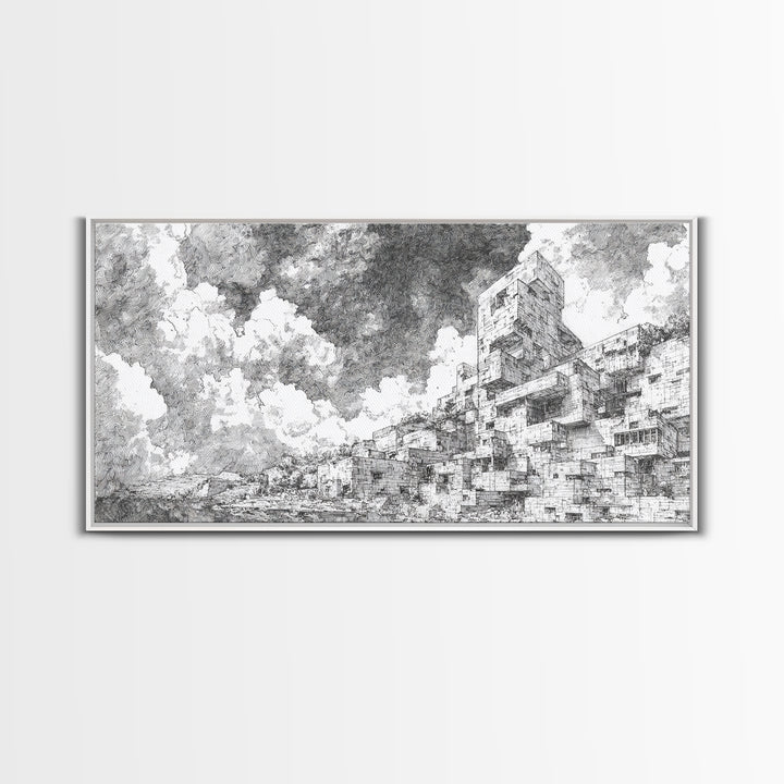 Black And White African City Sketch Wall Art, Urban Landscape Drawing, Minimalist Architecture Print, Modern Home Office Decor