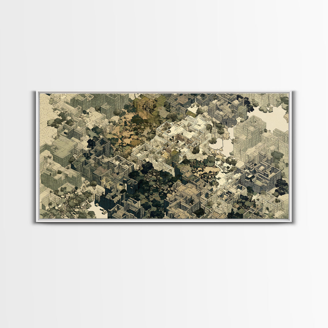 Sepia Isometric Floating City Canvas Print, African Inspired Urban Architecture, Abstract Wall Decor, Modern Office Art Gift