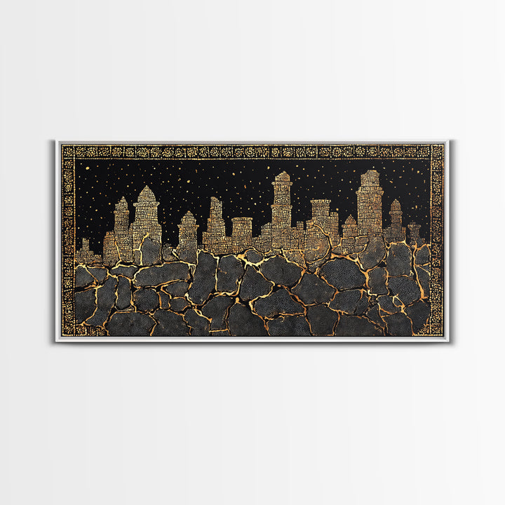 Black Gold Skyline And Cracked Earth Wall Art, African Inspired Cityscape, Luxury Canvas Decor, Bold Statement Home Decor