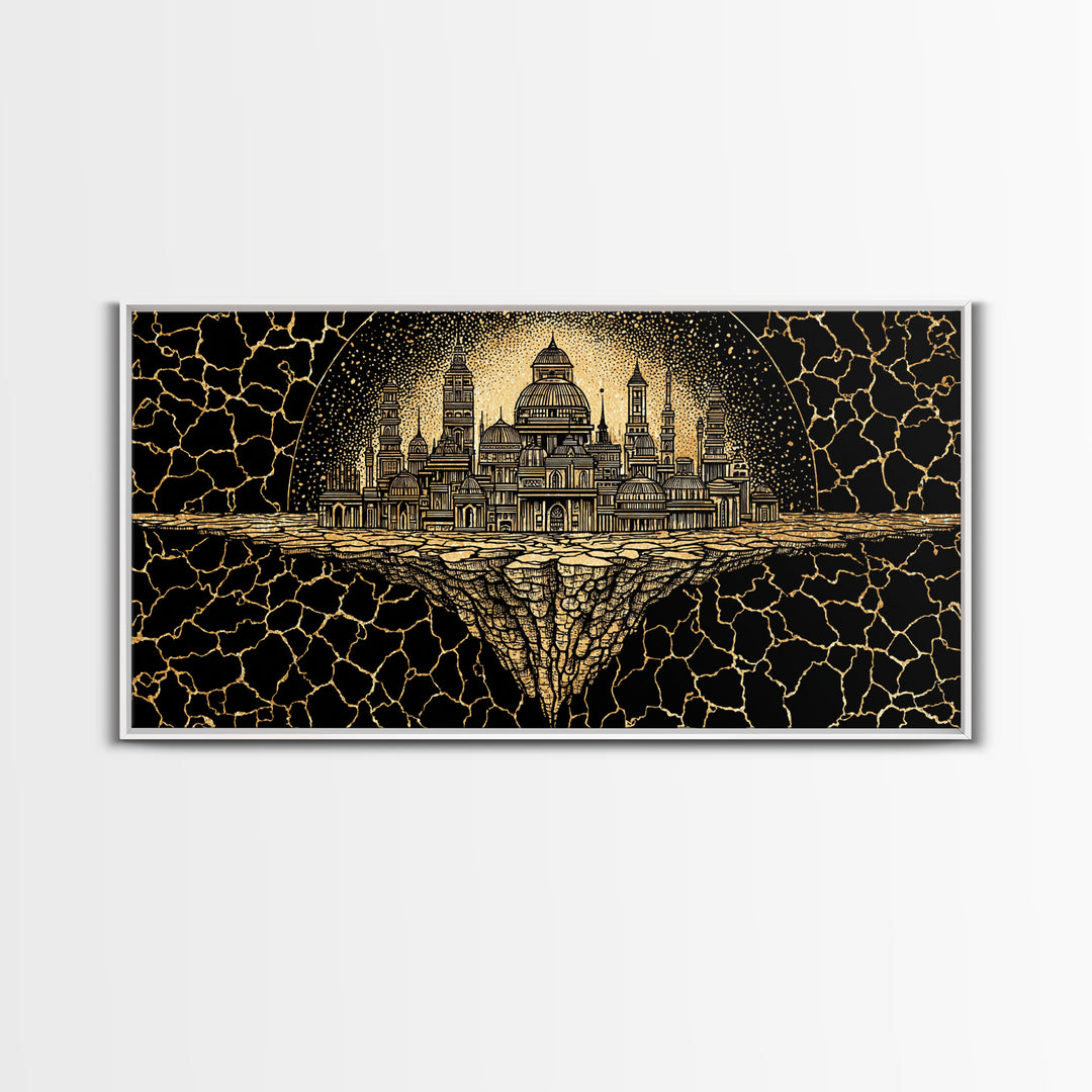 Golden African Kingdom City Wall Art, Black And Gold Geometric Decor, Afrocentric Spiritual Art, Luxury Canvas Print Poster