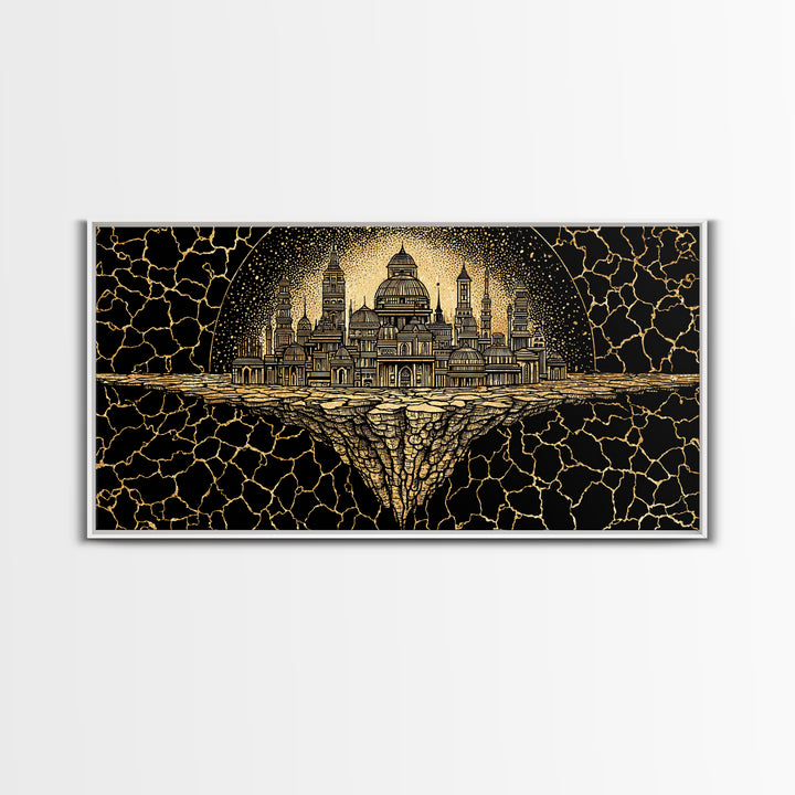 Golden African Kingdom City Wall Art, Black And Gold Geometric Decor, Afrocentric Spiritual Art, Luxury Canvas Print Poster