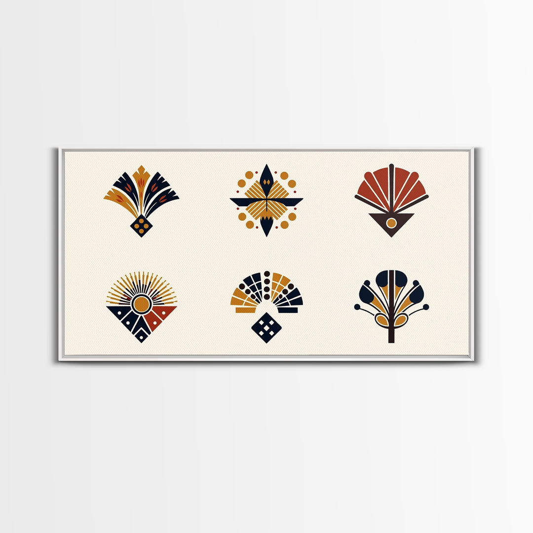 Minimal African Fan Motif Wall Art, Boho Geometric Pattern Decor, Abstract African Art, Earth Tone Canvas Print Set Gift