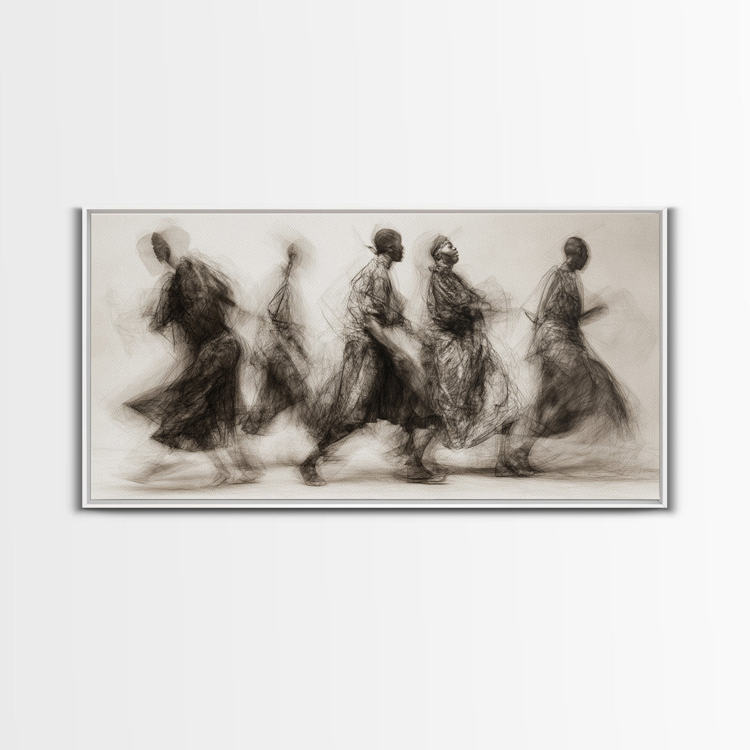 Charcoal African Procession Silhouettes Wall Art, Traditional African Decor, Cultural Canvas Print For Living Room Home Decor Gift