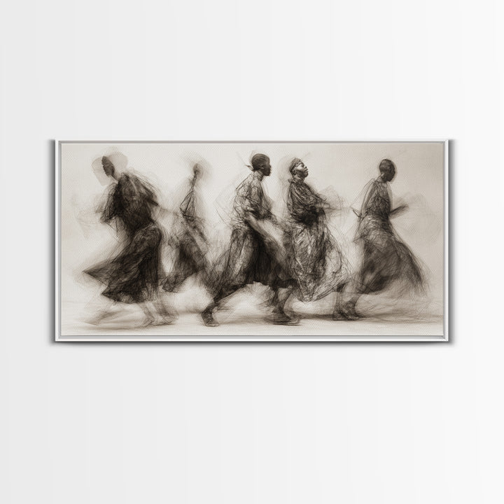 Charcoal African Procession Silhouettes Wall Art, Traditional African Decor, Cultural Canvas Print For Living Room Home Decor Gift