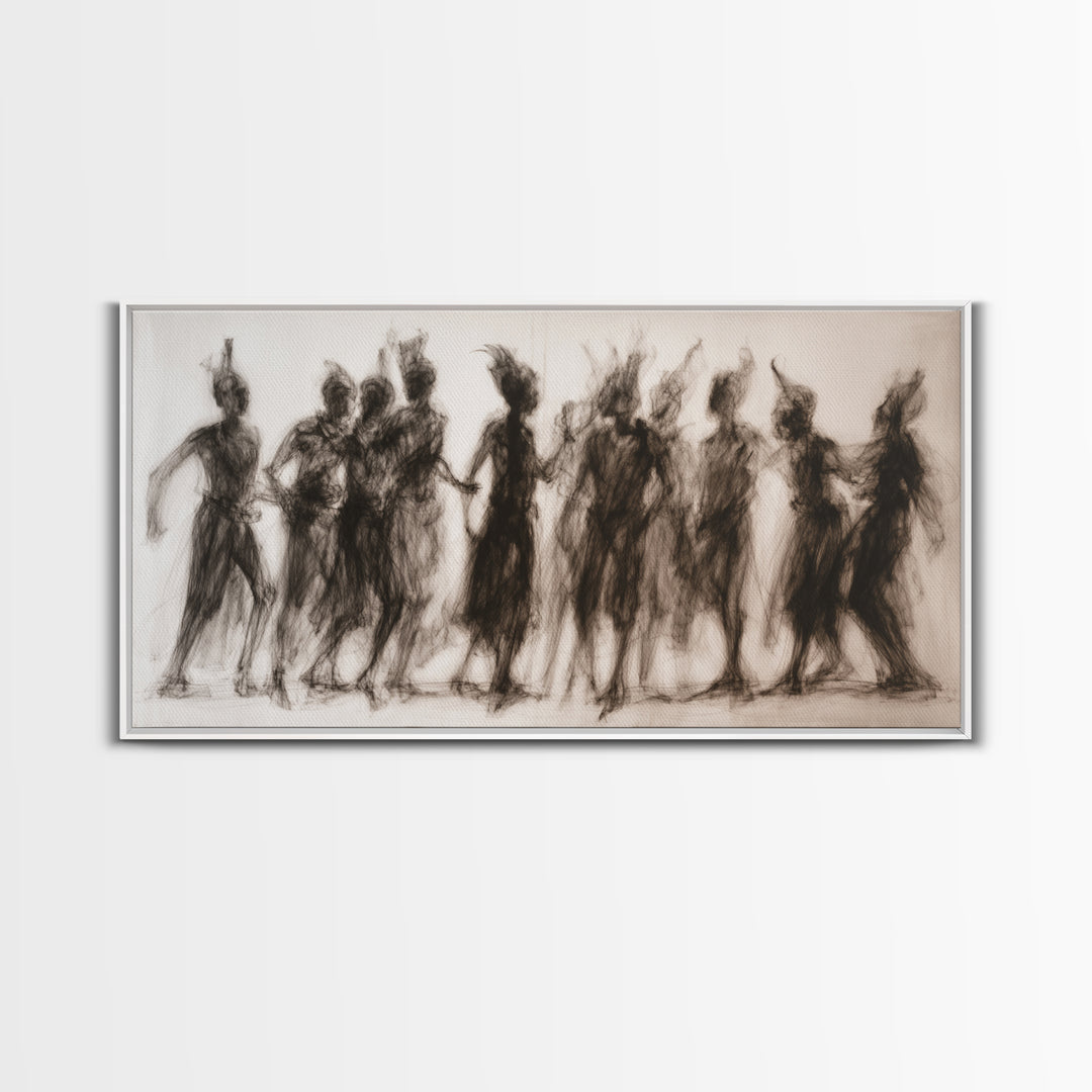 Charcoal African Women Dance Silhouettes Wall Art, Feminine Cultural Canvas Print, Afrocentric Decor Gift For Home Living Room
