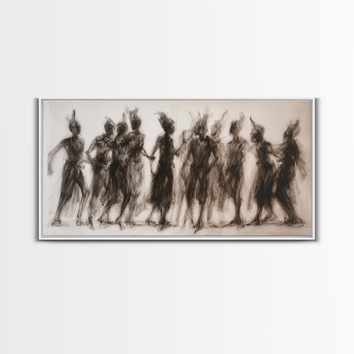 Charcoal African Women Dance Silhouettes Wall Art, Feminine Cultural Canvas Print, Afrocentric Decor Gift For Home Living Room
