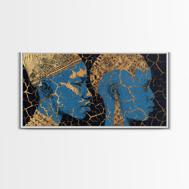 Blue And Gold Cracked African Faces Wall Art, Modern Afrocentric Canvas Print For Luxury Decor, Cultural Home Decor Gift