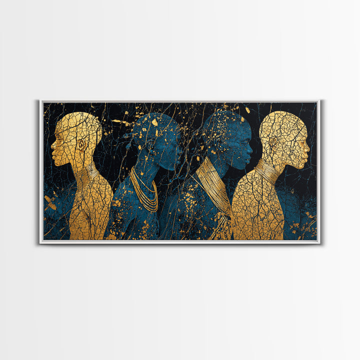 Gold And Teal African Women Silhouettes Wall Art, Afrocentric Black Woman Portrait, Luxury Canvas Decor, Black Gold Print