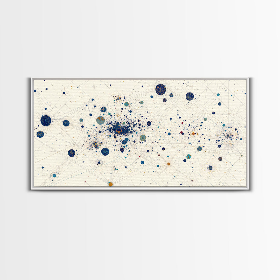 Cream Blue Gold Dot Constellation Network Wall Art, Abstract Geometric Canvas Print, Minimalist Modern Office Decor Gift