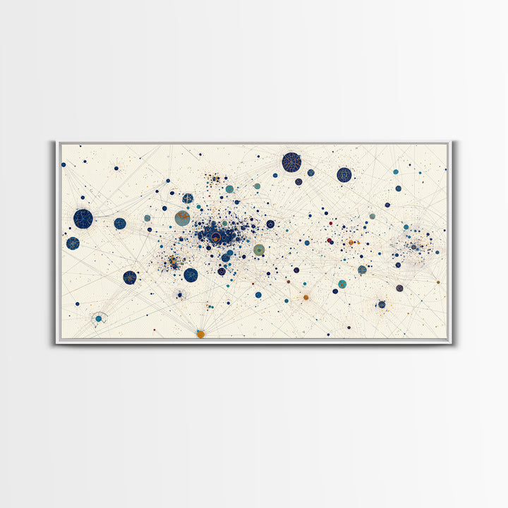 Cream Blue Gold Dot Constellation Network Wall Art, Abstract Geometric Canvas Print, Minimalist Modern Office Decor Gift