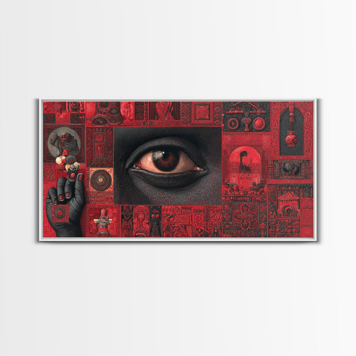 Red Mystic Eye Tribal Collage Canvas Print, African Mask Art, Afrocentric Wall Decor, Bold Cultural Artwork For Home Office