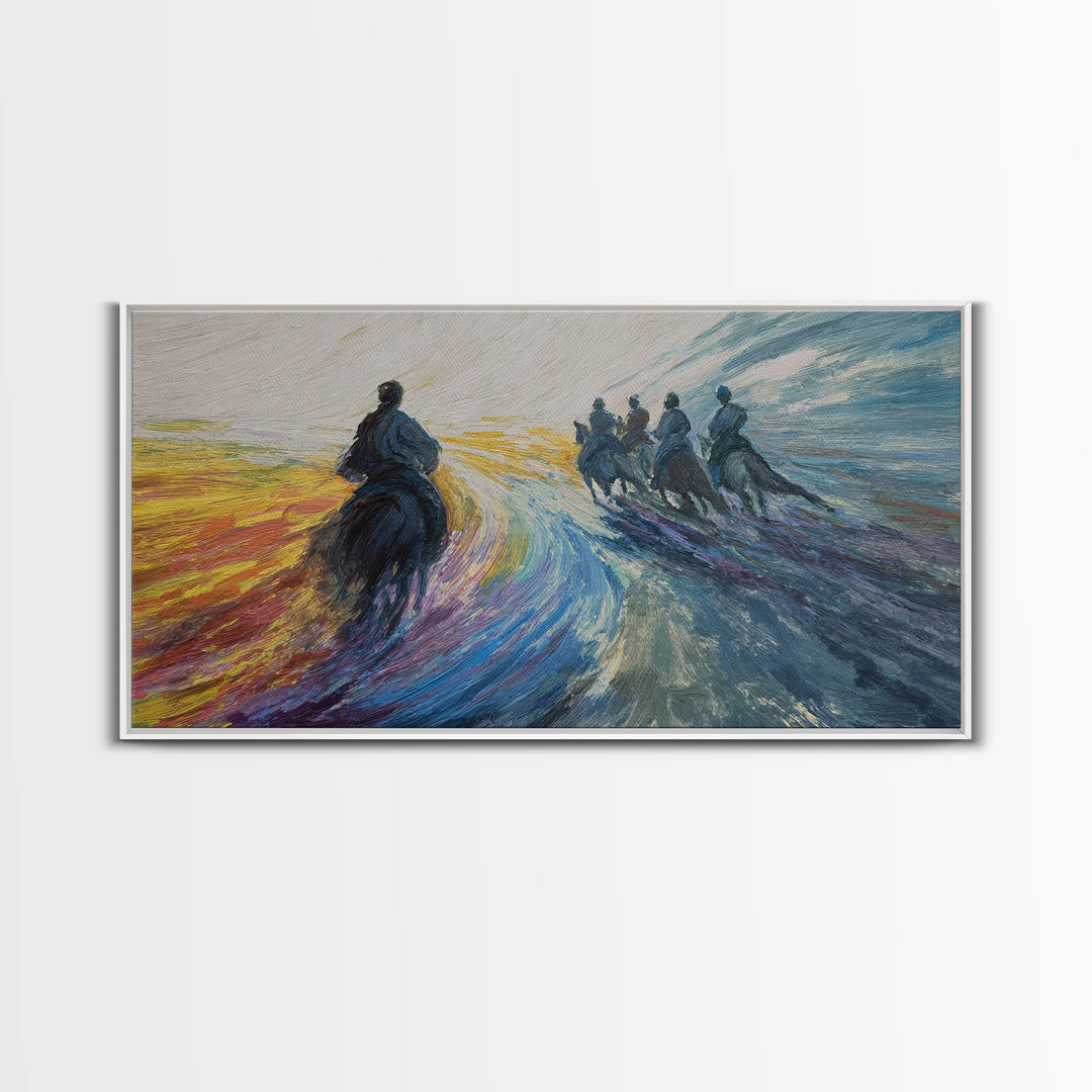Galloping Horsemen Dawn Landscape Canvas Print, African Warrior Art, Dynamic Modern Wall Decor For Office And Living Room