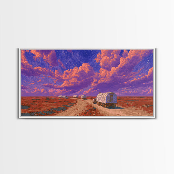 Desert Wagons Under Purple Sky Canvas Print, African Landscape Wall Art, Modern Safari Travel Home Decor For Living Room
