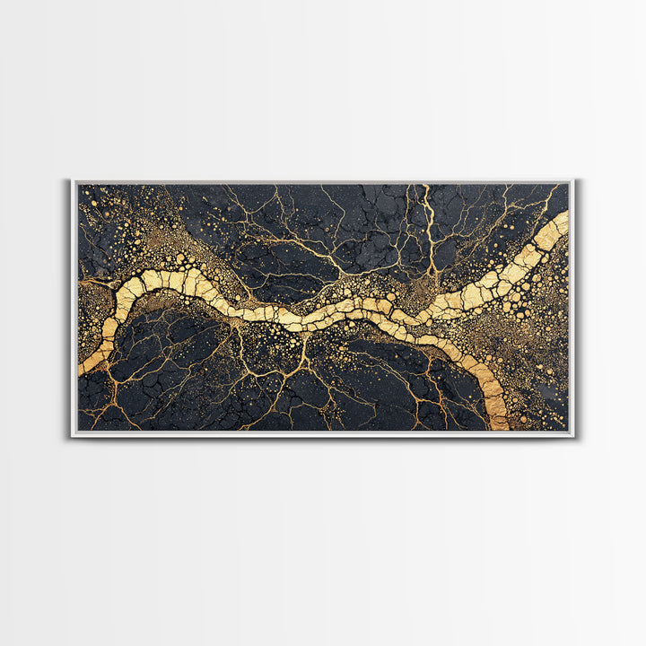 Black Gold Cracked Earth River Framed Canvas Print, Abstract African Art, Luxury Geometric Wall Decor For Modern Home Office