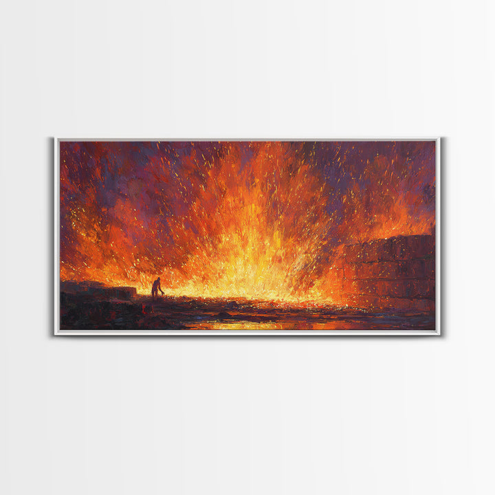 Molten Foundry Firestorm Framed Canvas Print, Fiery Industrial Wall Art, Orange Abstract Painting, Statement Living Room Decor