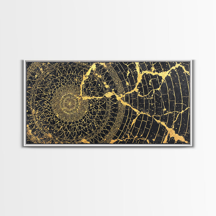 Gold Spiral Geometric Web Wall Art, Abstract African Art Print, Black Gold Decor, Modern Boho Statement Canvas For Living Room