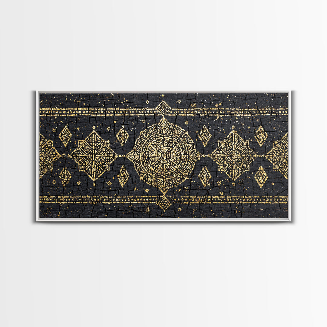 Gold Mud Cloth Geometric Framed Canvas Print, African Patterns, Tribal Art Decor, Black Gold Boho Wall Decor For Living Room